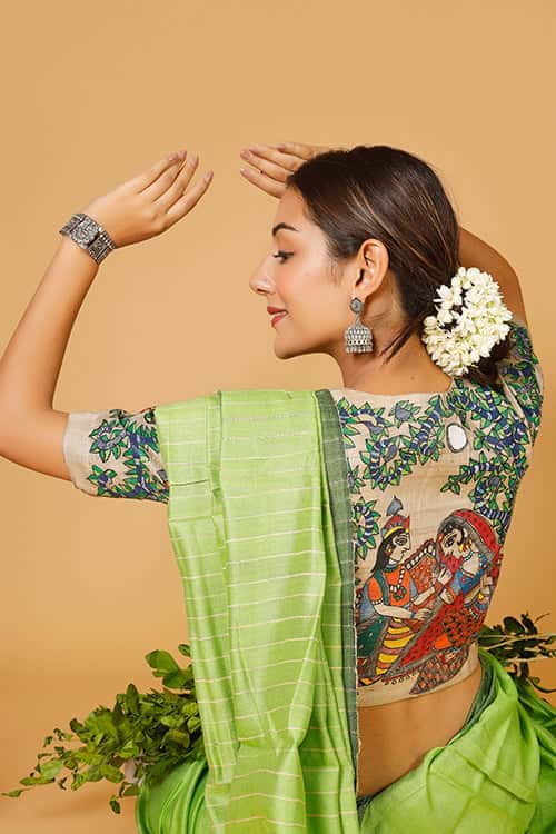 'Radha Krishna Raasleela' Handpainted Madhubani Tussar Silk Blouse — image 2 of 7