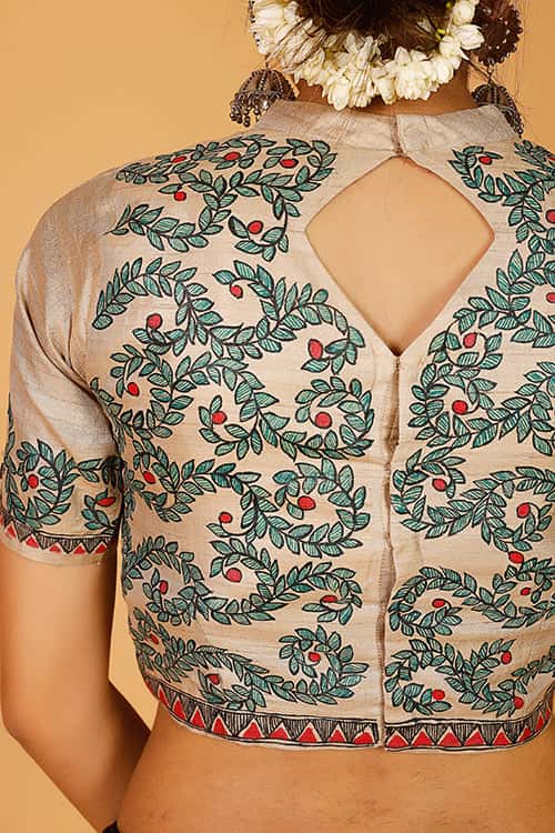 'Radha's stroll' Handpainted Madhubani Tussar Silk Blouse — image 5 of 7