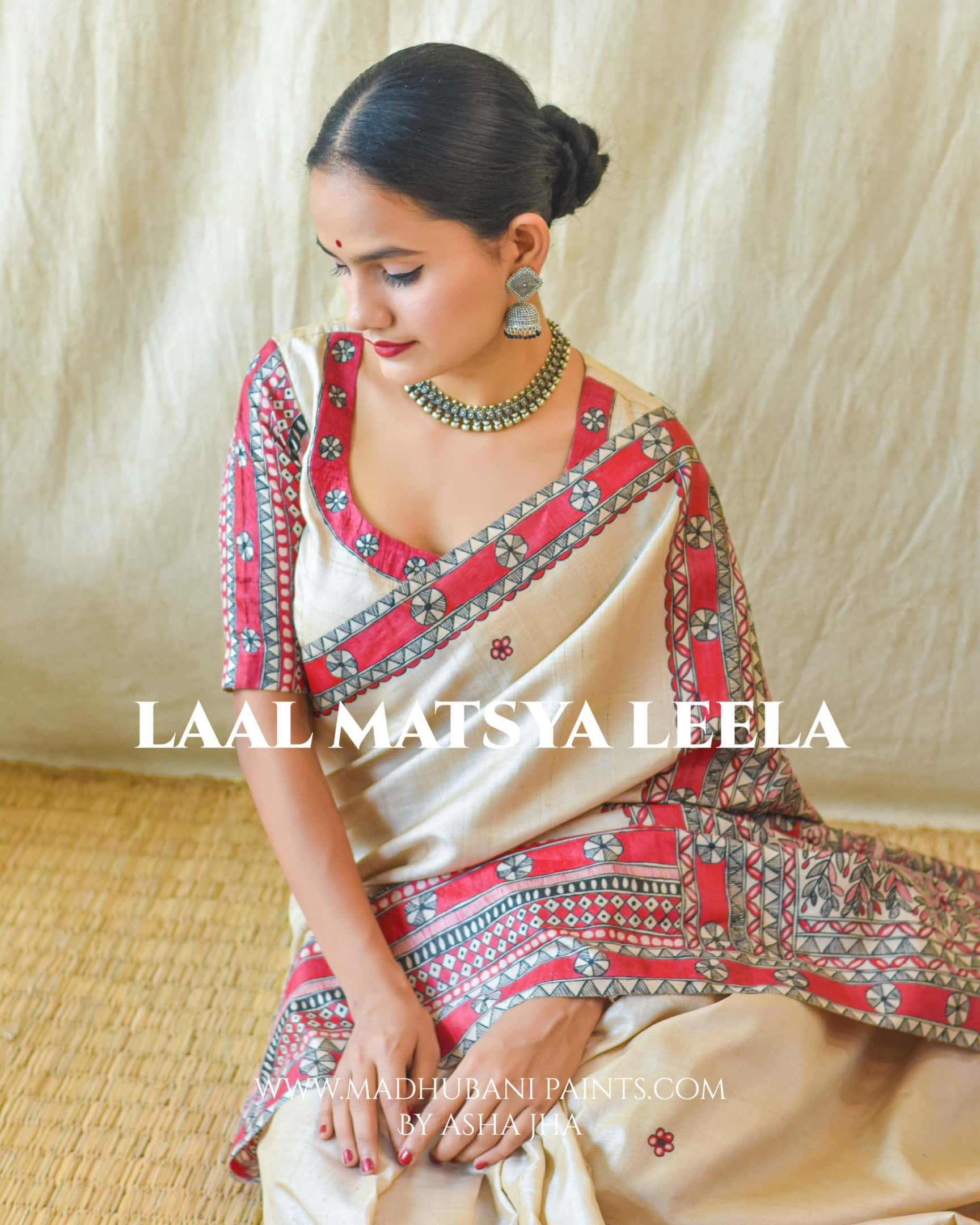 'LAAL MATSYA LEELA'  Handpainted Madhubani Tussar Silk Blouse — image 6 of 11