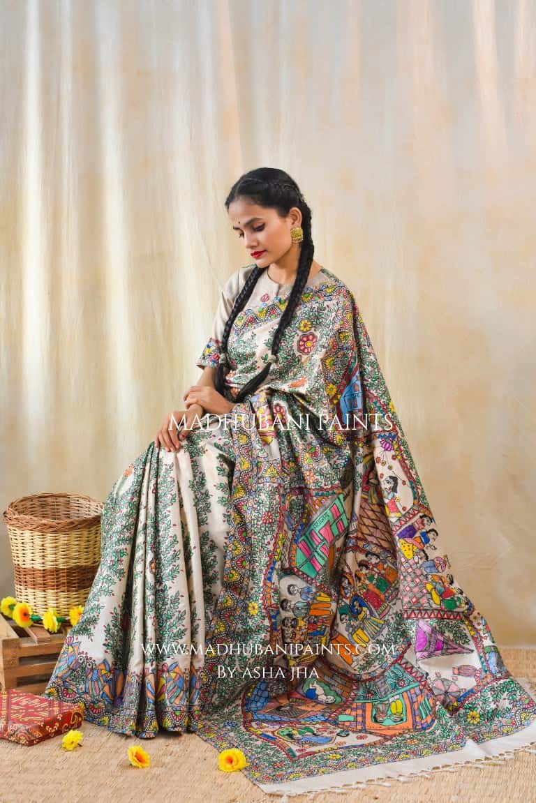 'KAHANI PADMA KI' Handpainted Madhubani Tussar Silk Saree — image 7 of 11