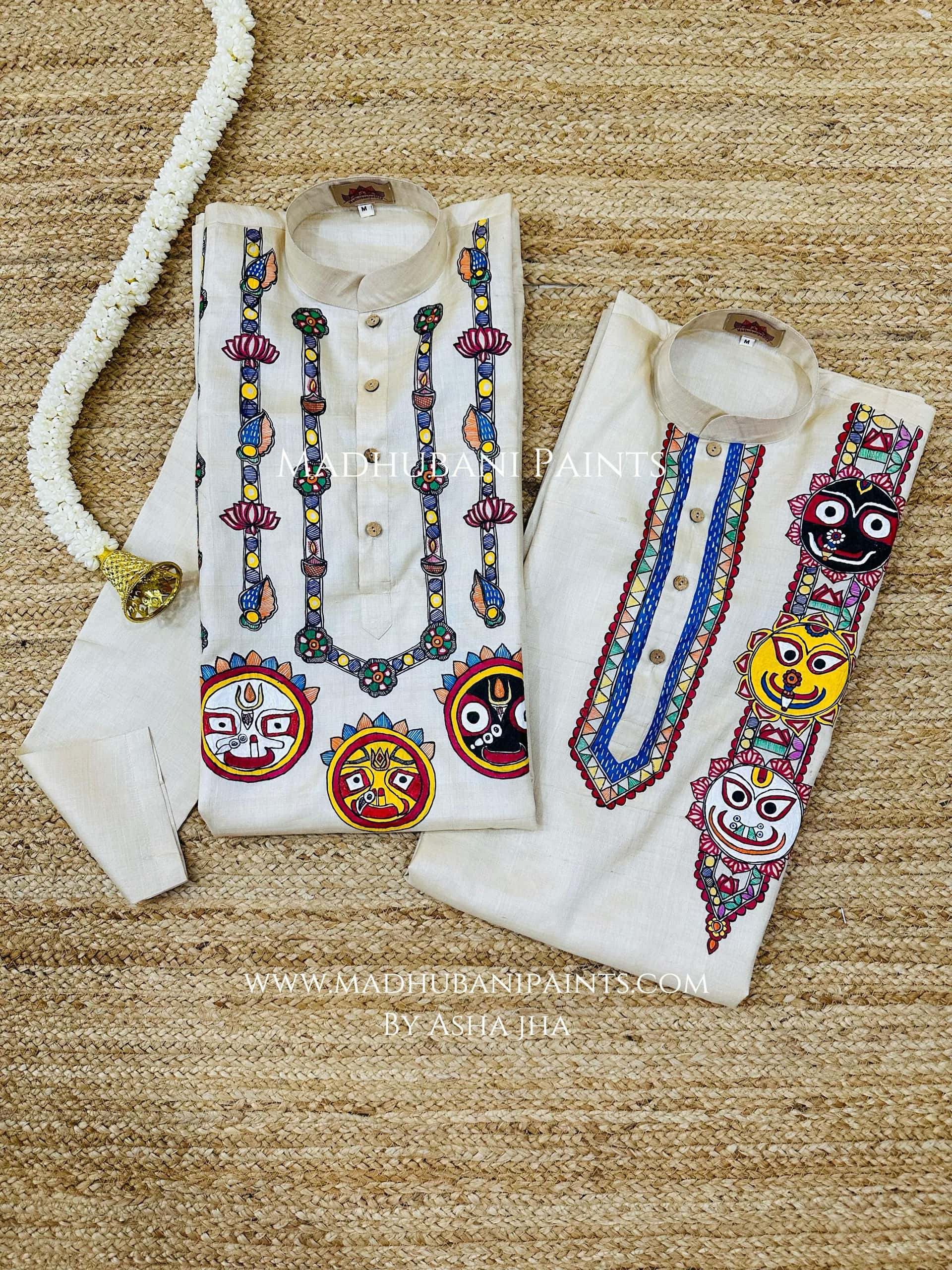 Lord Jagannatha, Subhadra and Balabhadra Hand-painted  Madhubani Men's Tussar Silk Kurta — image 4 of 5