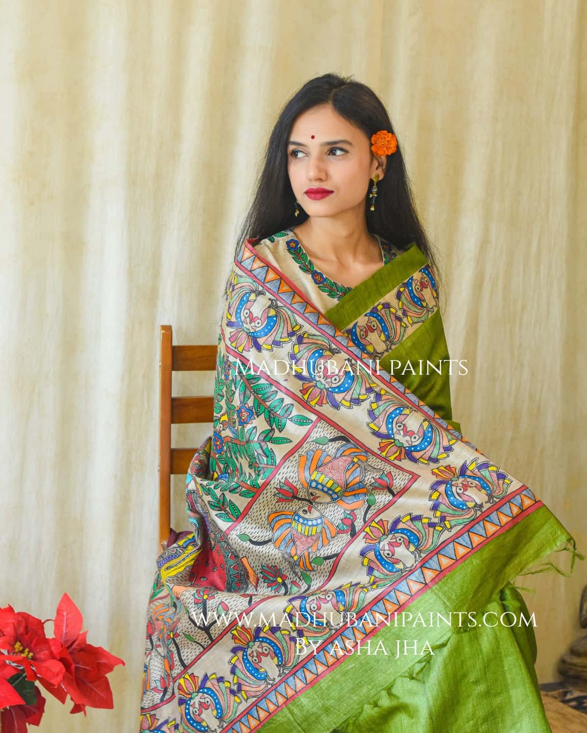 RADHA SANG KRISHNA Handpainted Madhubani Tussar Silk Saree Blouse — image 4 of 9