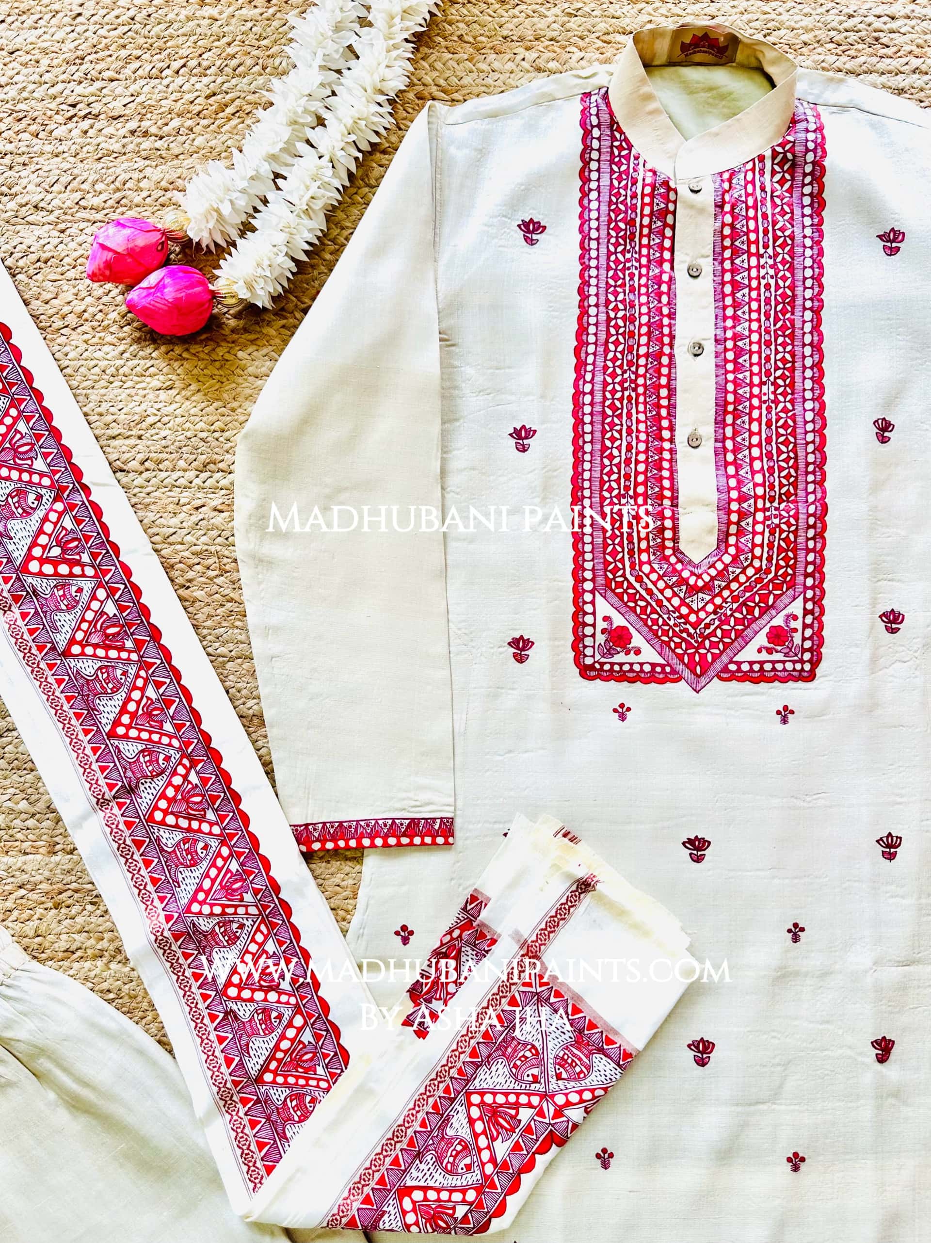 Laal Mithila Kamal Matsya Leela Hand-painted  Madhubani Men's Tussar Silk Kurta
