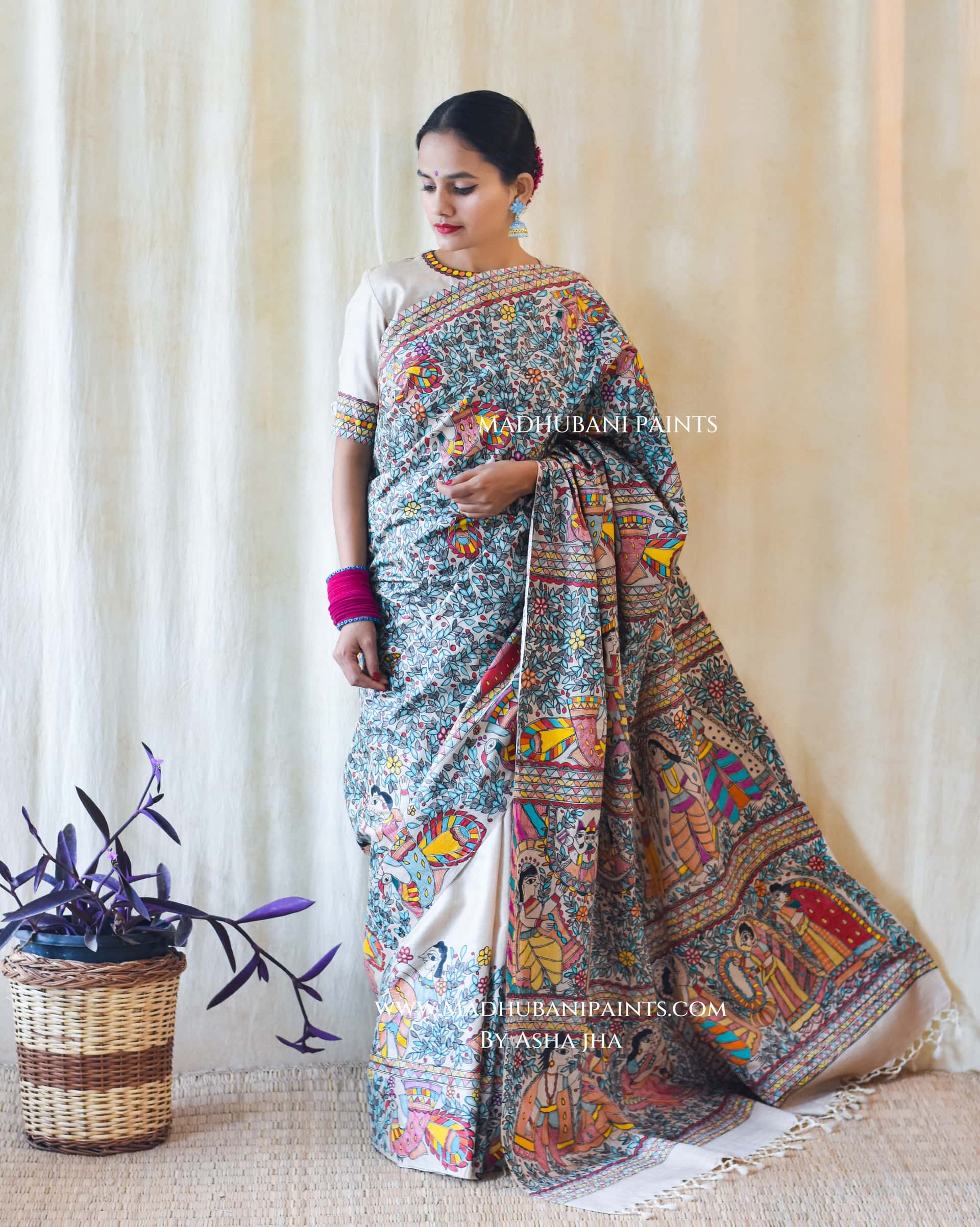 NEEL RAMAYAN Half Work Hand-painted Madhubani Tussar Silk Saree Blouse Set — image 5 of 10
