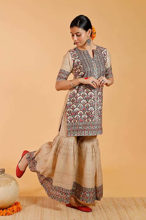 'Prakriti' Handpainted Madhubani Tussar Silk Sharara — image 3 of 9