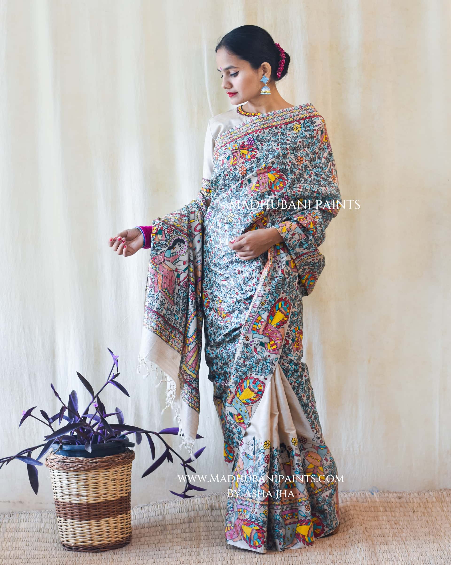 NEEL RAMAYAN Half Work Hand-painted Madhubani Tussar Silk Saree Blouse Set — image 7 of 10