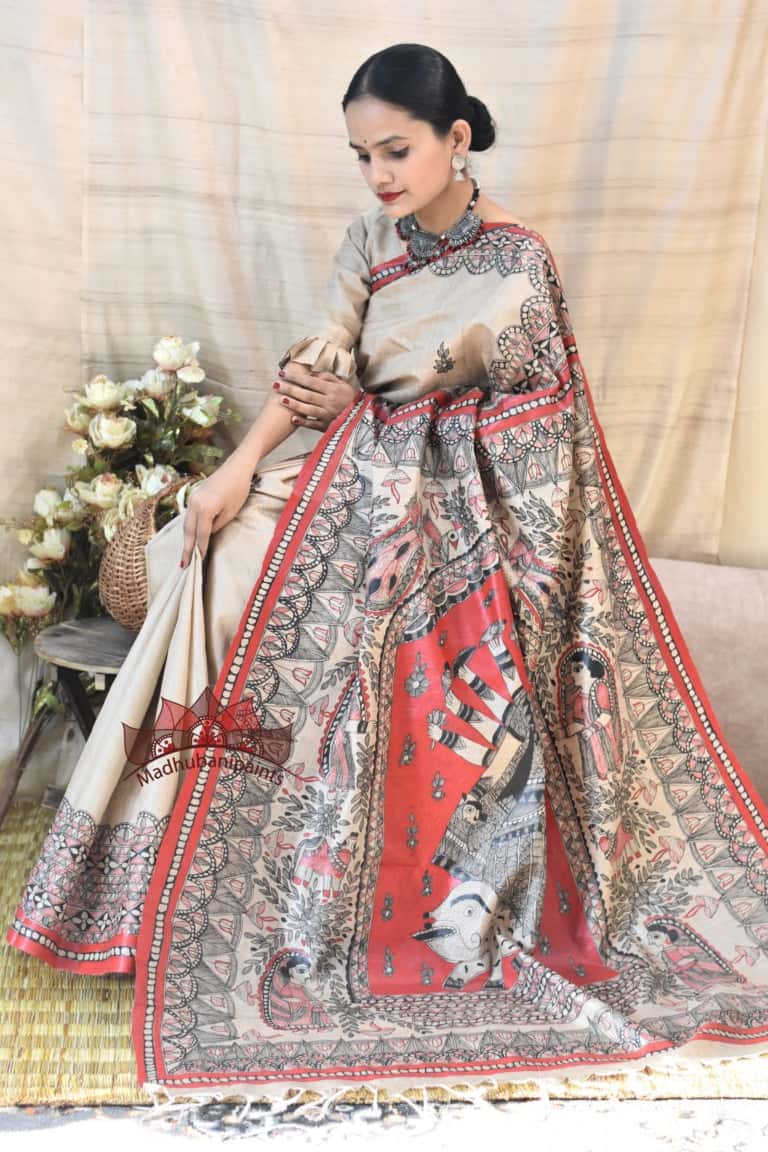 Maa Durga Red Black Hadpainted Tussar Saree — image 3 of 6