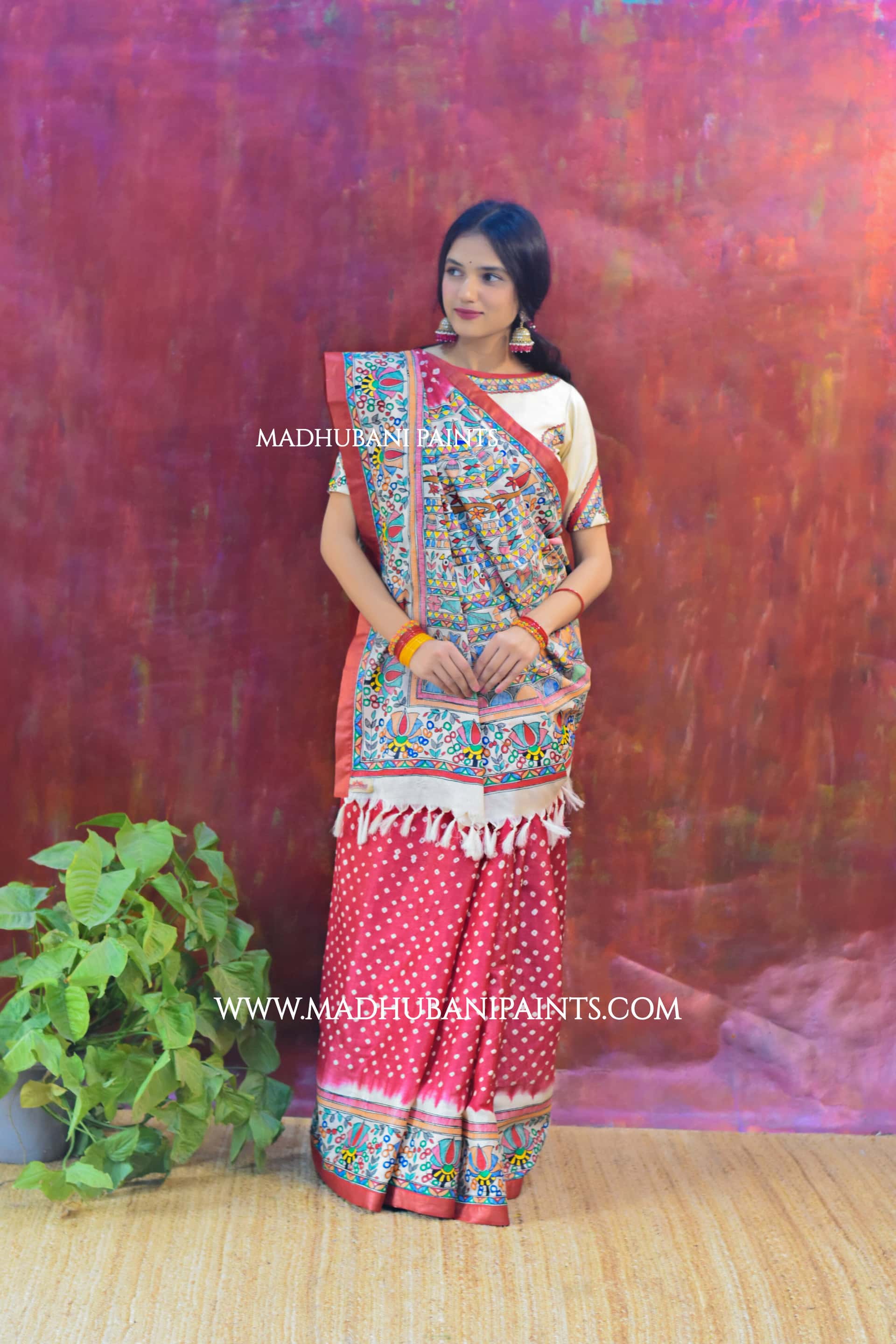 LAALI Handpainted Tussar Silk Bandhini Madhubani Saree Blouse Set — image 8 of 9