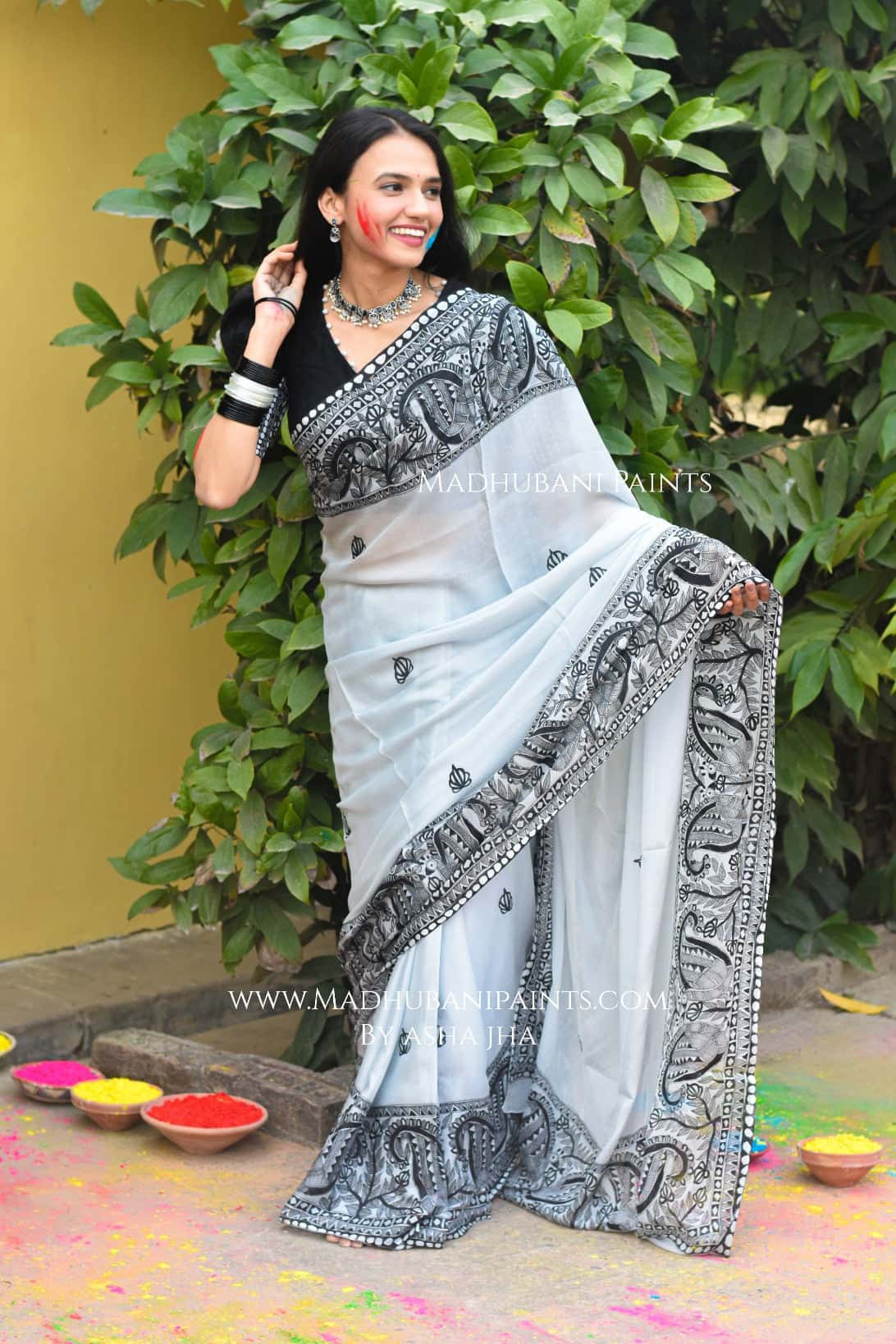 KUSUMAKAR Hand-painted Madhubani Chiffon Saree Blouse Set — image 2 of 11