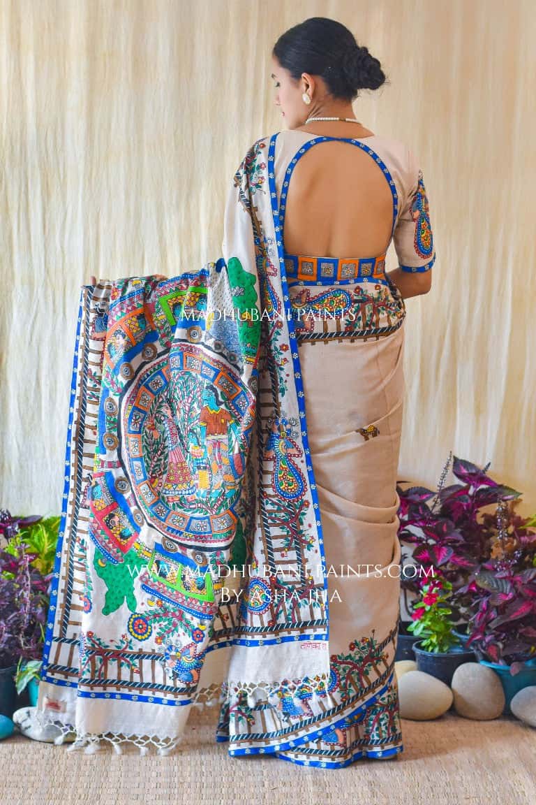 RAILGADI Handpainted Madhubani Painting Tussar Silk Saree — image 3 of 7