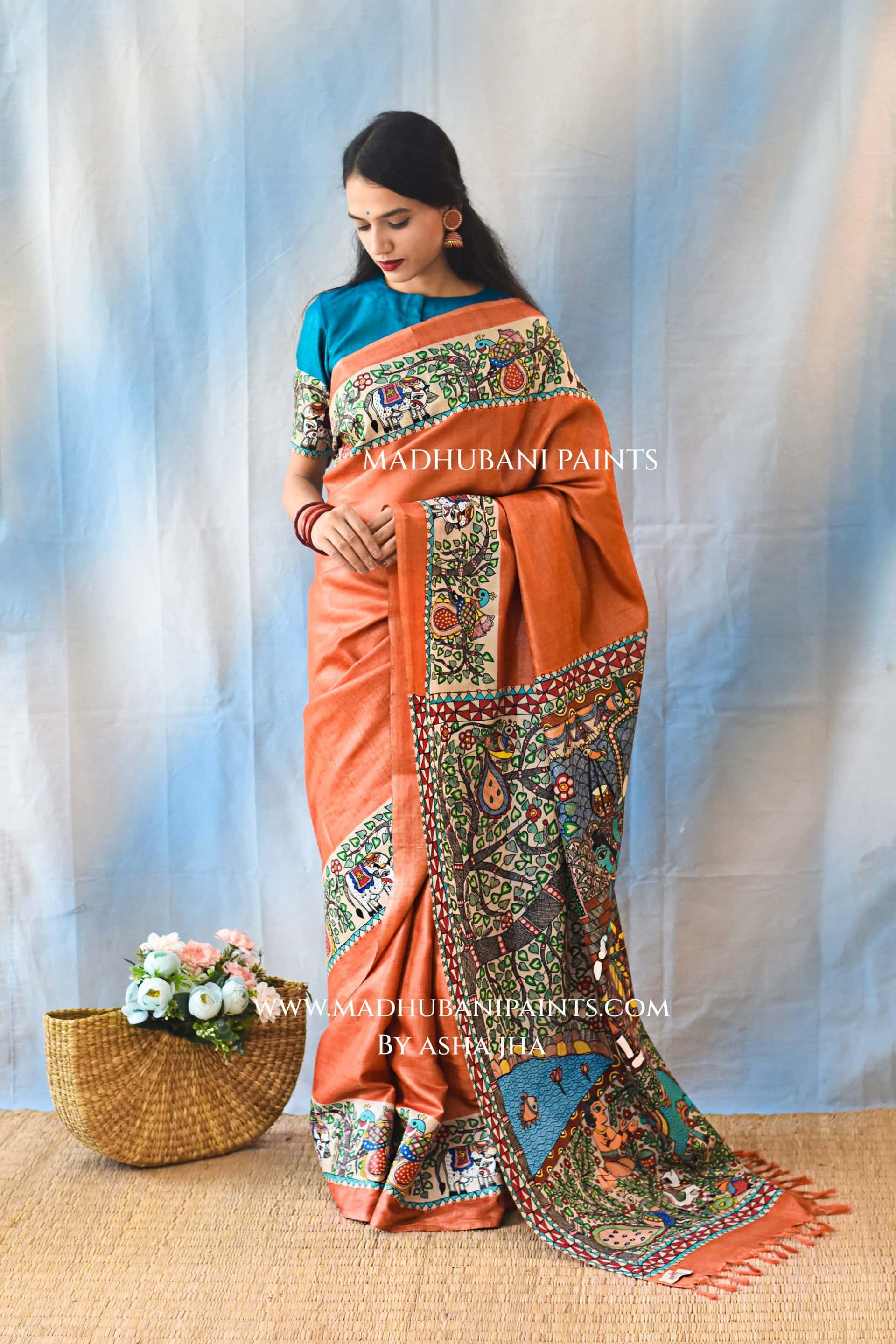 KANHA KI MAAKHAN LEELA Handpainted Madhubani Tussar Silk Saree Blouse Set — image 5 of 10