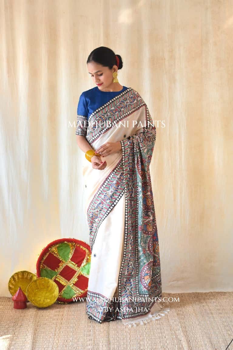 'MATSYA RAAS'  Handpainted Madhubani Tussar Silk Saree Blouse Set — image 4 of 9