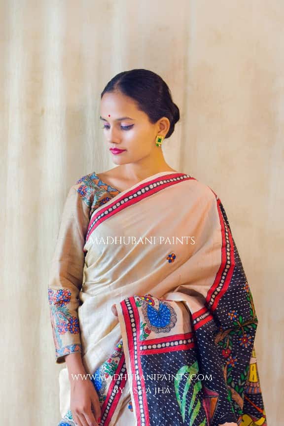 KRISHNA IN BAARISH' Handpainted Madhubani Tussar Silk Saree Blouse Set — image 7 of 8