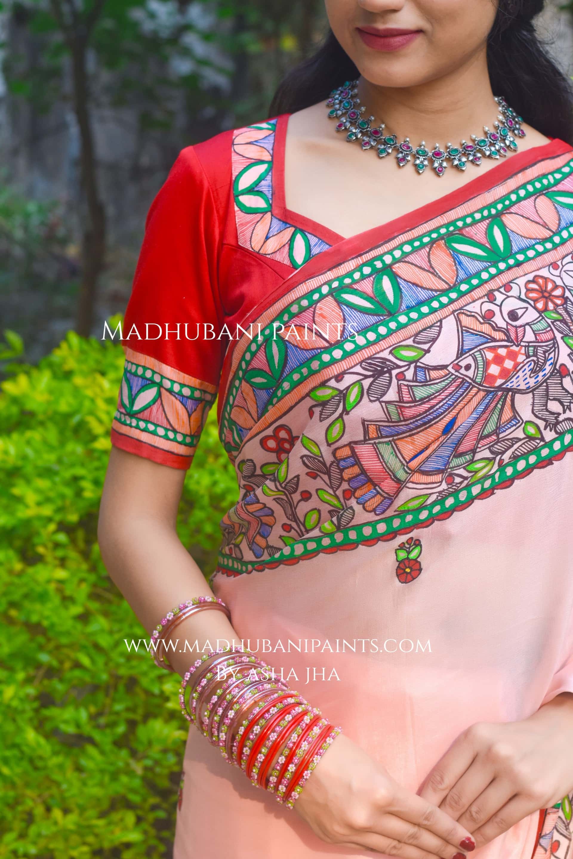 Gulabi Mor Hand-painted Madhubani Chiffon Saree Blouse Set — image 9 of 11