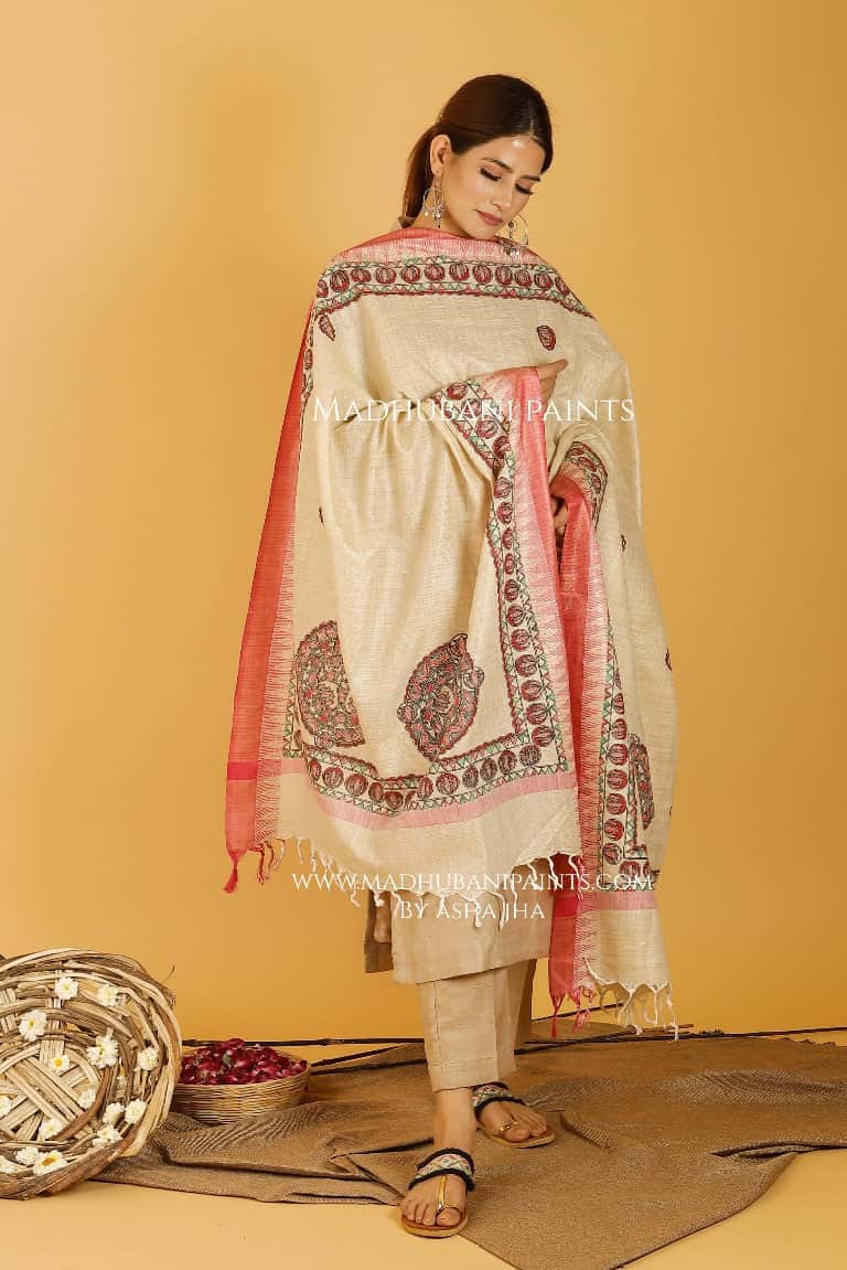 Fish Lotus Mandara Madhubani Handpainted Pure Handloom Cotton Dupatta — image 3 of 3