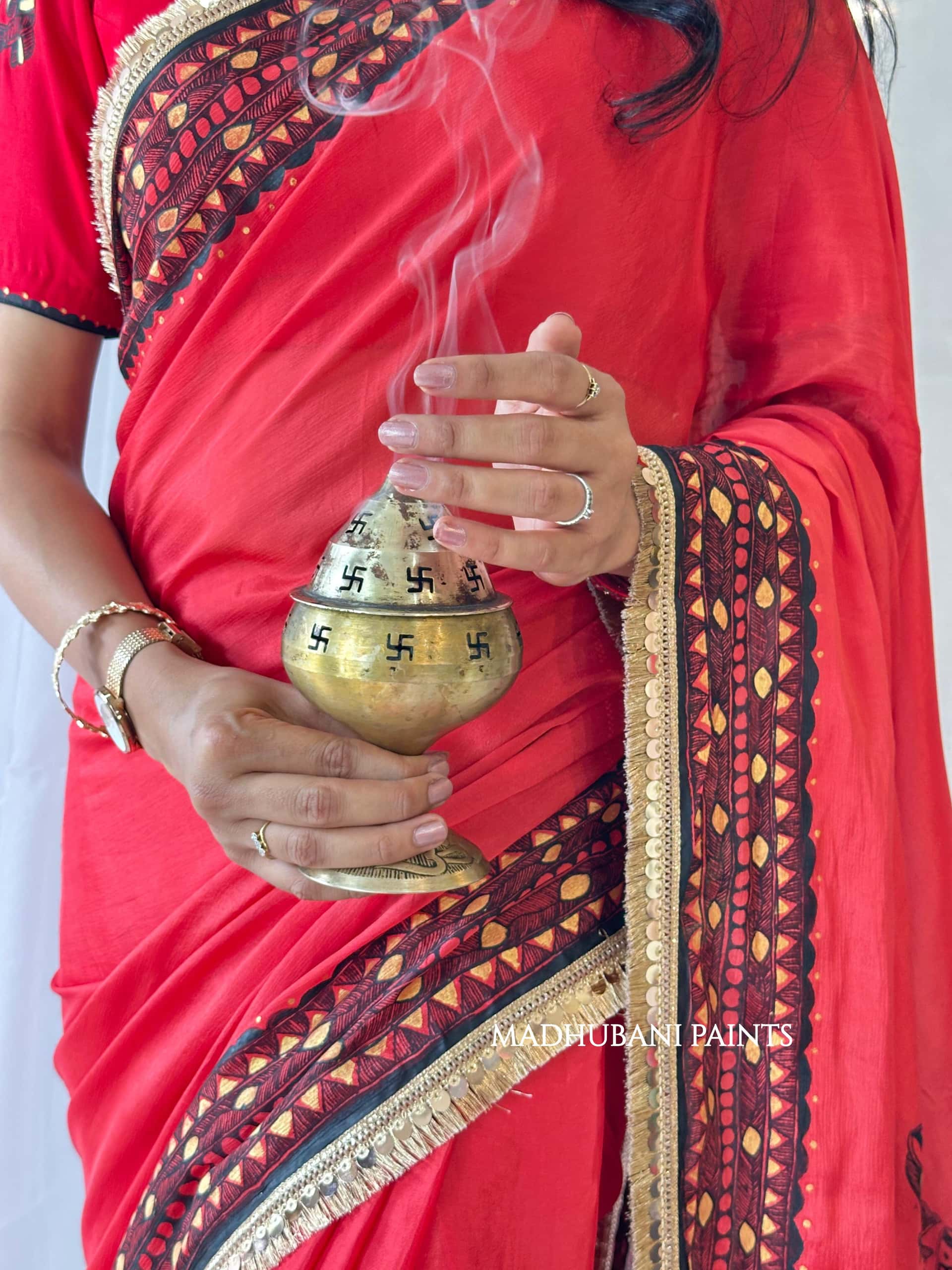 LAAL BRIDAL Hand-painted Madhubani Chiffon Saree — image 2 of 7
