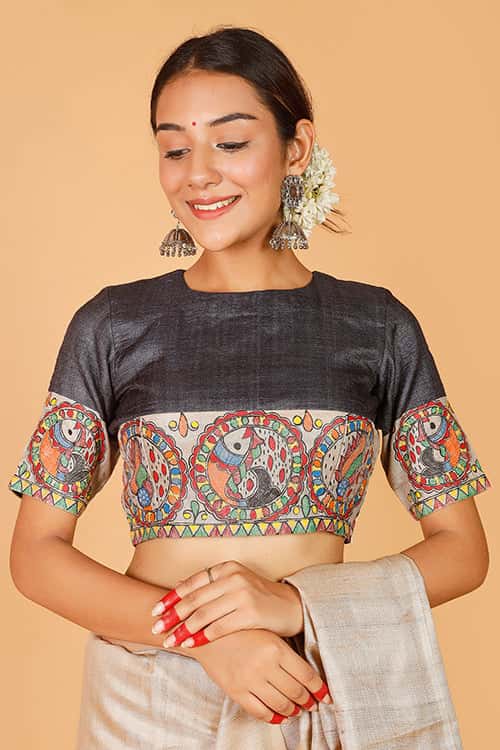 'Surmai Shankh' Handpainted Madhubani Tussar Silk Blouse — image 2 of 7
