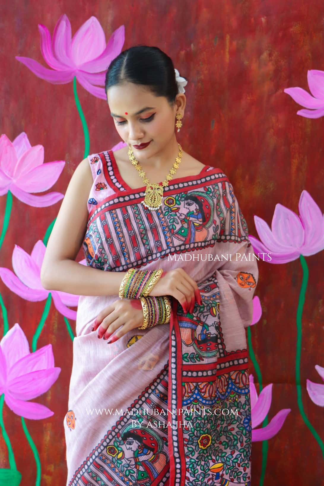 'BHARGAVI' Handpainted Madhubani CHANDERI Saree Blouse Set — image 3 of 11