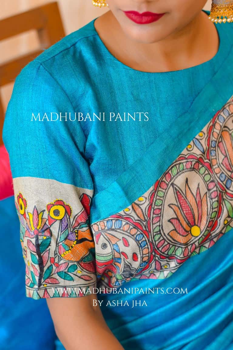 'SAANKH KAMAL' Handpainted Madhubani Tussar Silk Blouse — image 2 of 11
