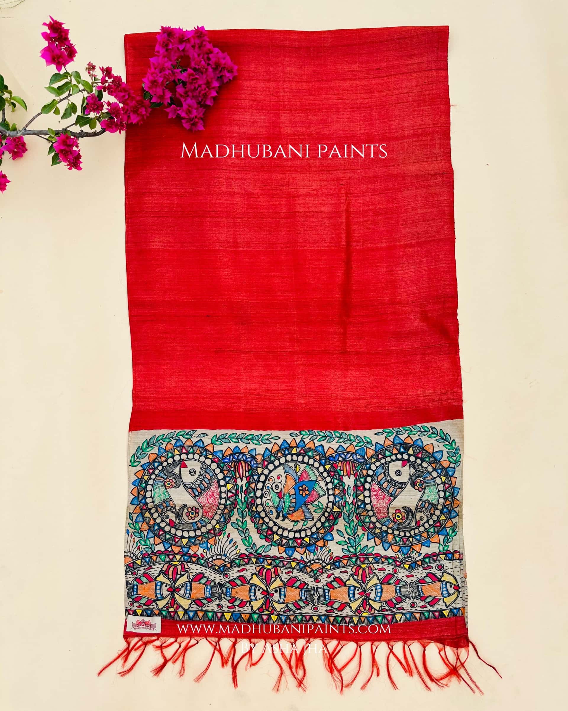 Lotus Fish Mayuri Hand-painted Madhubani Tussar Silk Stole — image 2 of 3