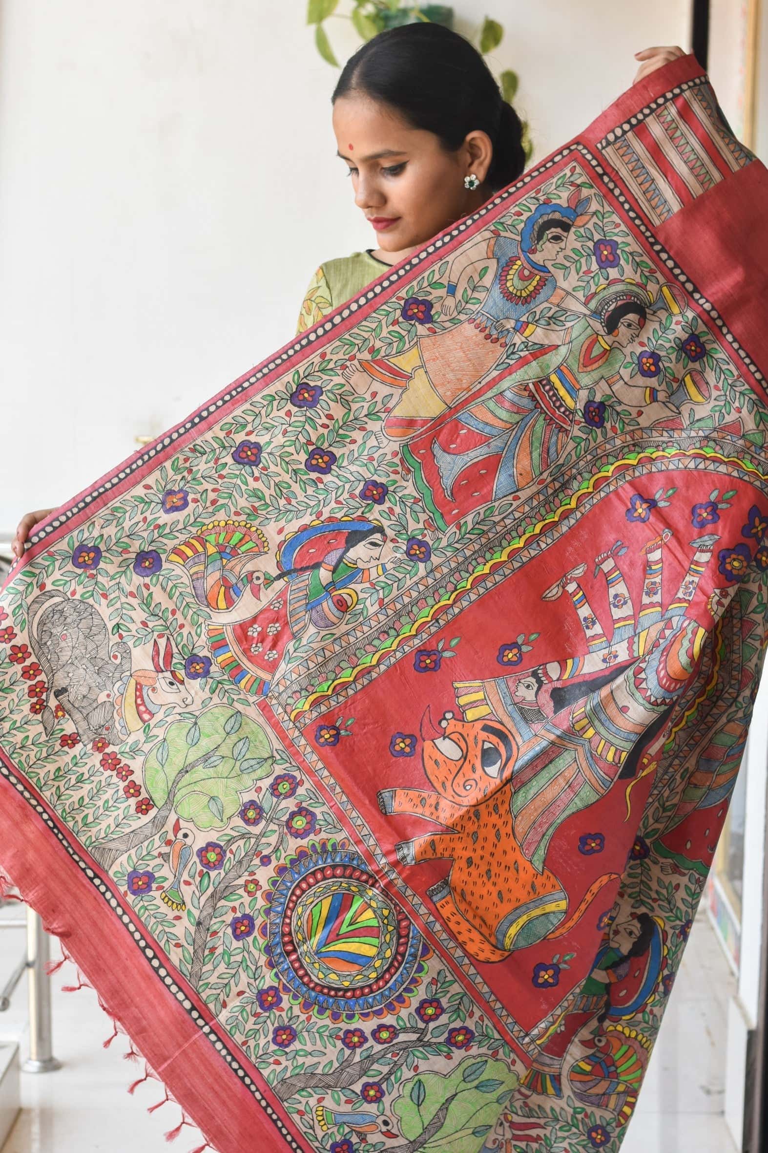 Durga Red Hand Painted Madhubani Saree — image 3 of 5