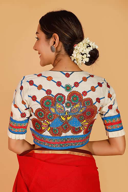 'Ecstatic Mayur' Handpainted Madhubani Moonga Silk Blouse — image 5 of 7
