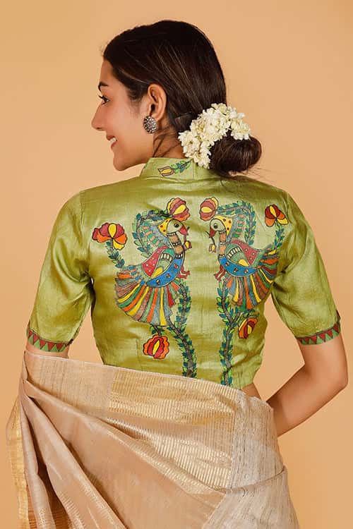 'Mithila Mayuri' Handpainted Madhubani Tussar Silk Blouse — image 5 of 6