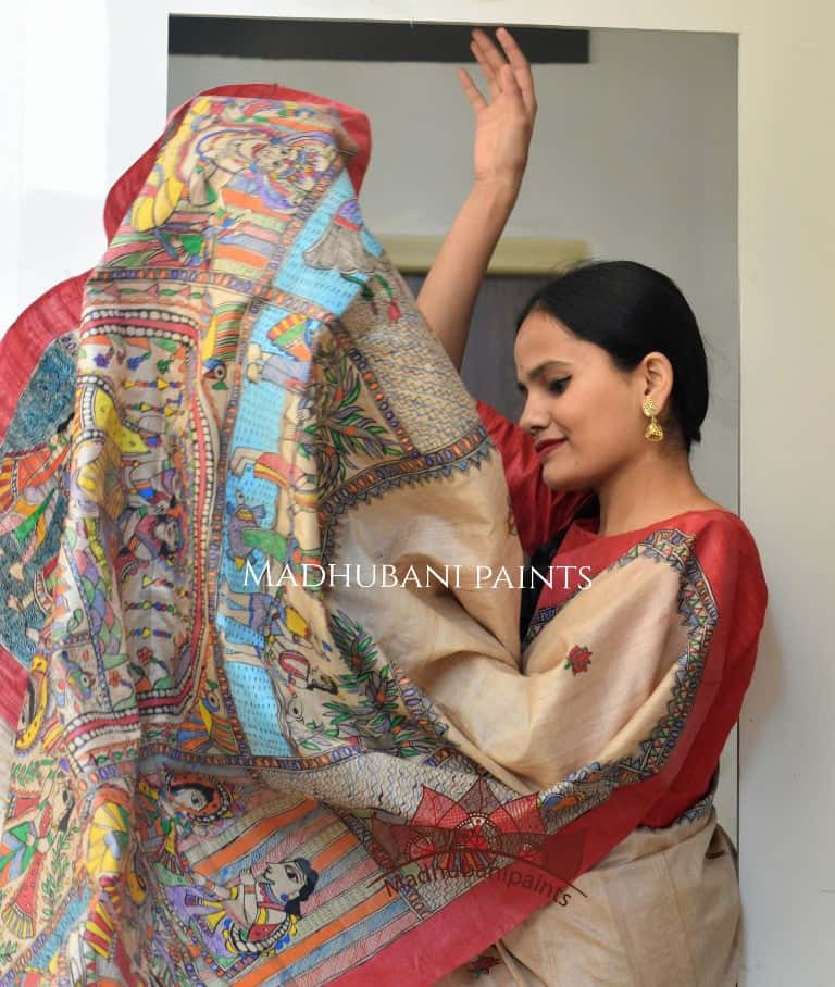 Madhubani Paints Vishnu Leela Hand Painted Saree — image 3 of 4