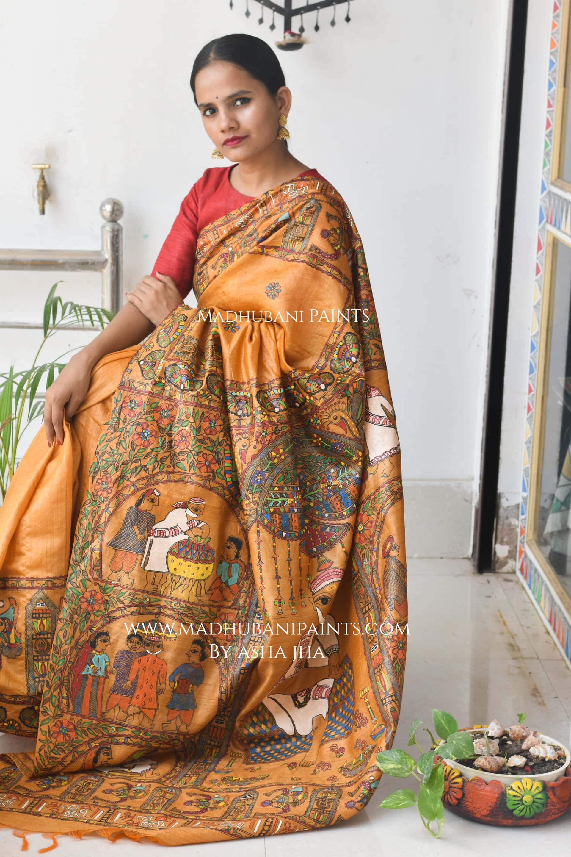 'SAI BABA' Handpainted Madhubani Tussar Silk Saree — image 7 of 8