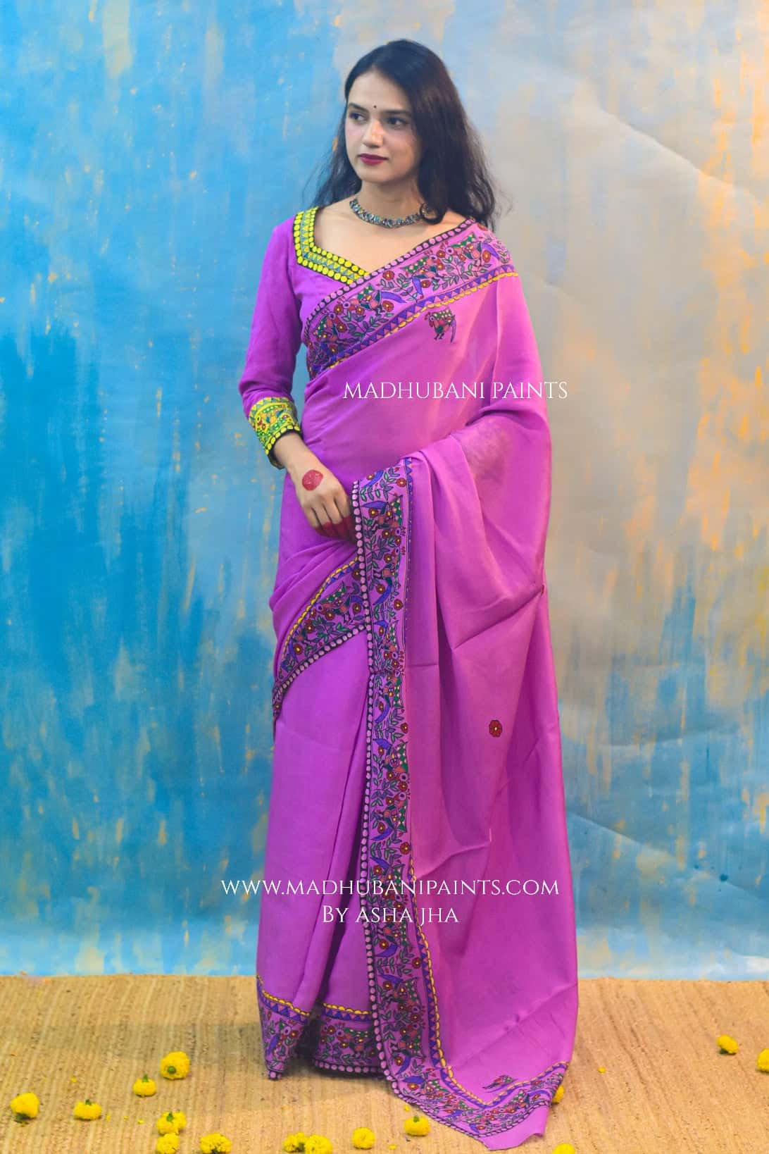 Baigani Mor Hand-painted Madhubani Chiffon Saree — image 3 of 5