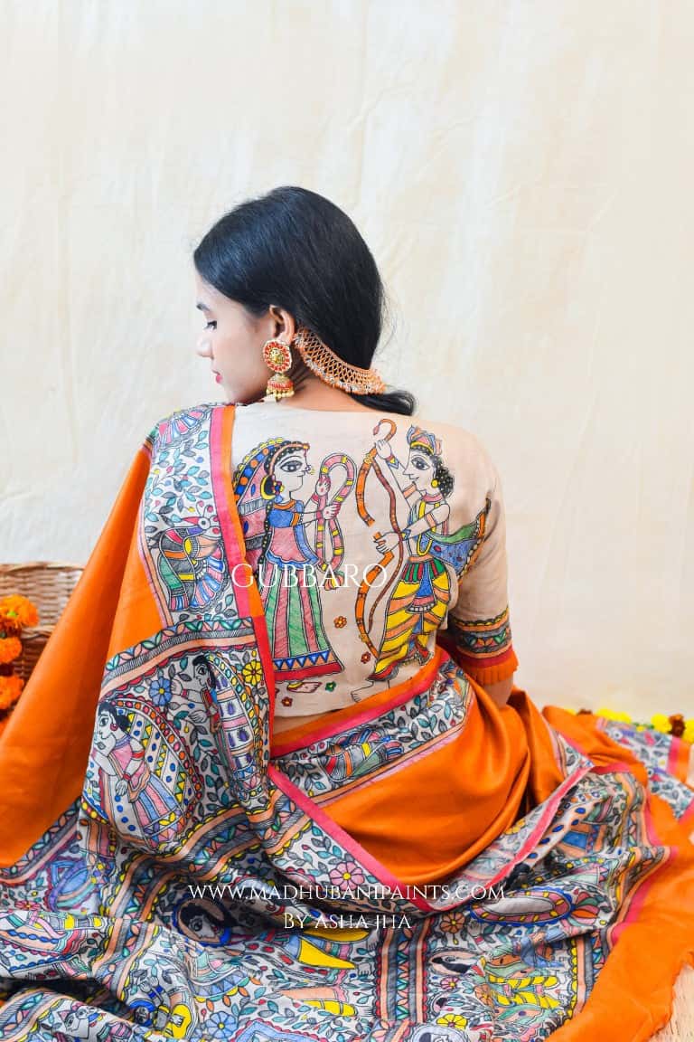 'SITA RAM' Handpainted Madhubani Tussar Silk Saree Blouse Set — image 8 of 9
