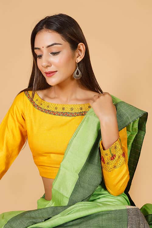 'Saraswati' Handpainted Madhubani  Moonga Silk Blouse — image 6 of 9