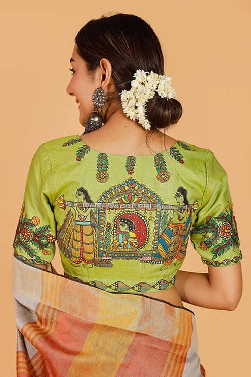 'Doli Bidai' Handpainted Madhubani Tussar Silk Blouse — image 5 of 7