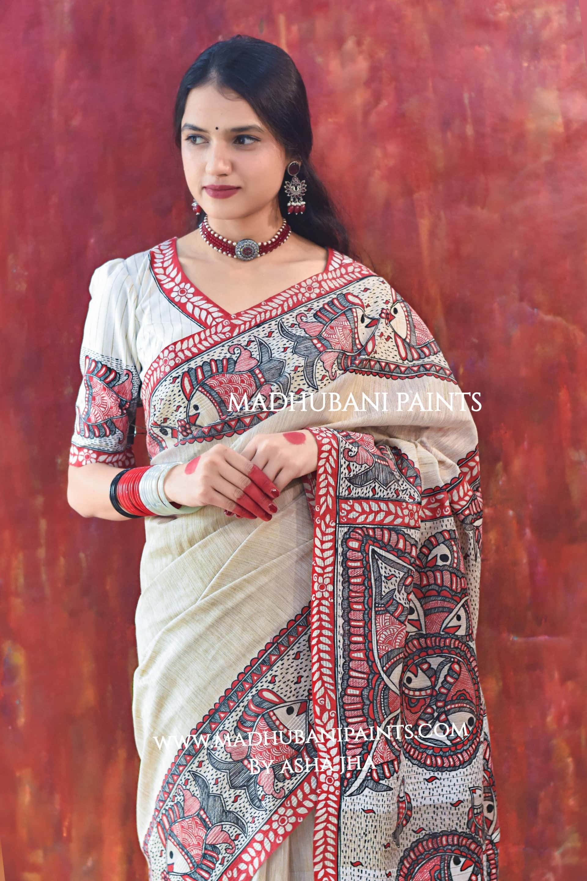 JAL TARANG Hand-painted Madhubani Chanderi Saree — image 4 of 7