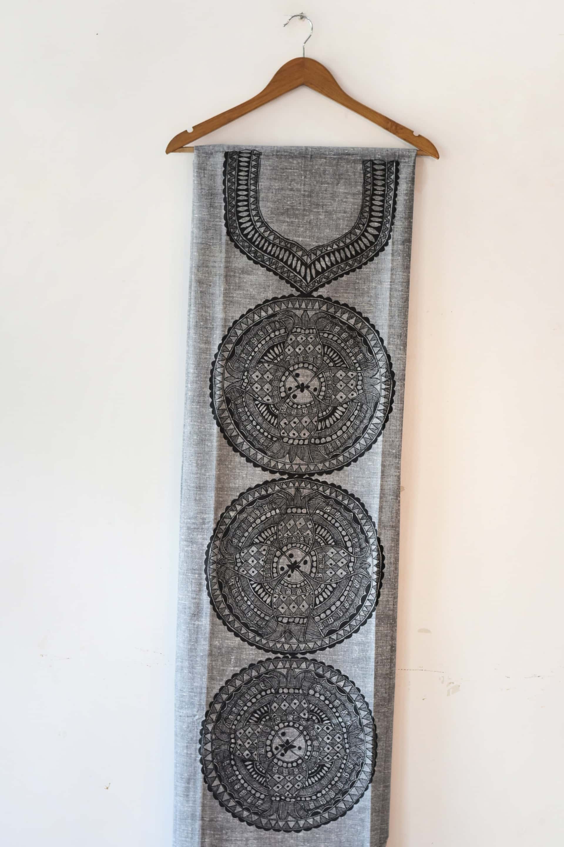Grey Matsya Hand-painted Madhubani Painting Cotton Unstitched Kurta — image 2 of 2