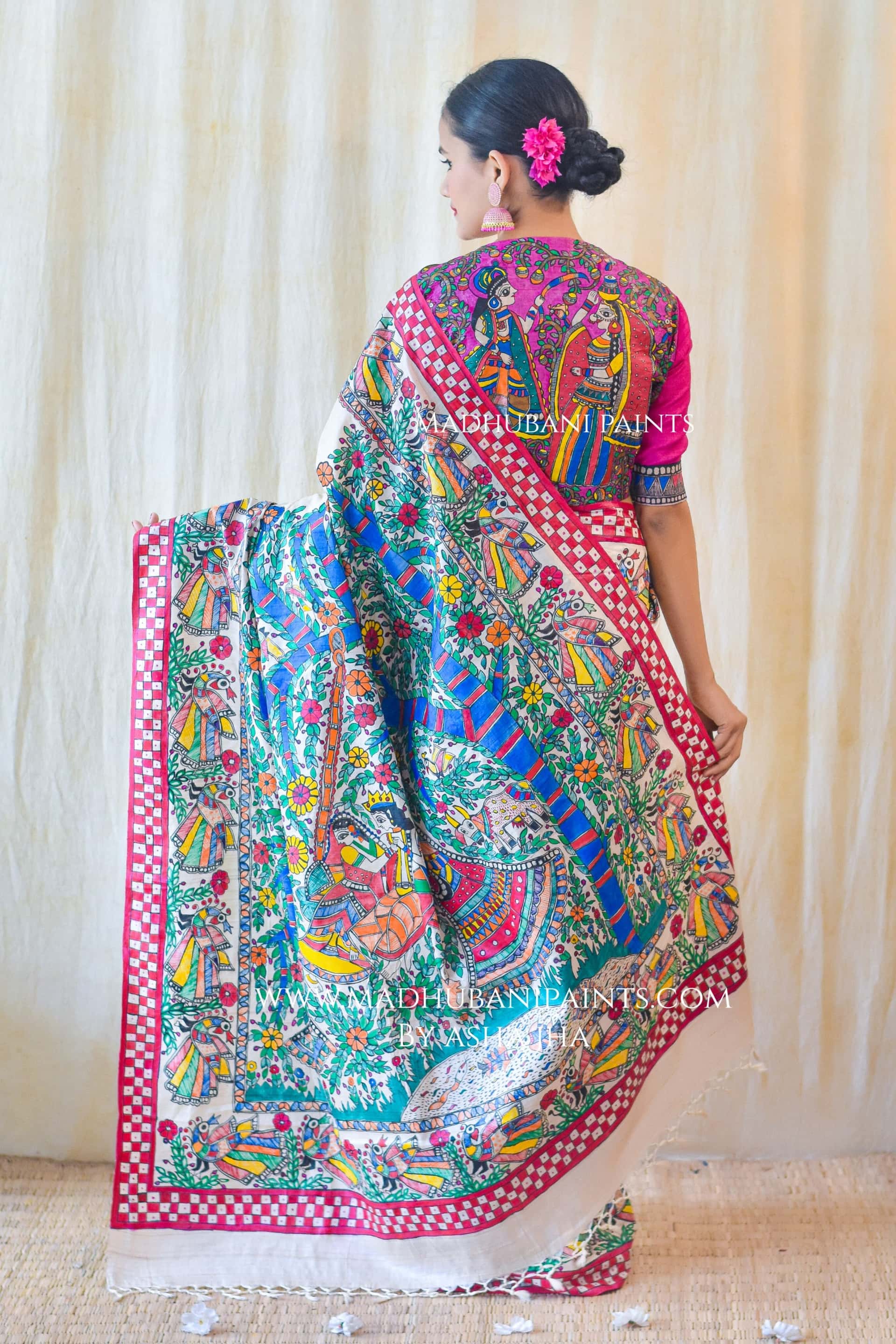 MADHURIMA Hand-painted Madhubani Tussar Silk Saree Blouse Set — image 2 of 11