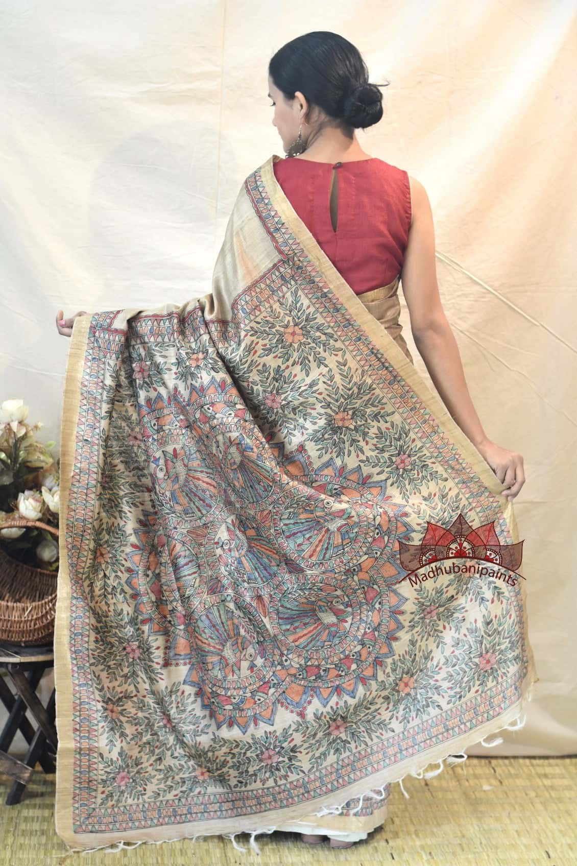 Peacock On Tree Handpainted Silk Saree — image 3 of 5