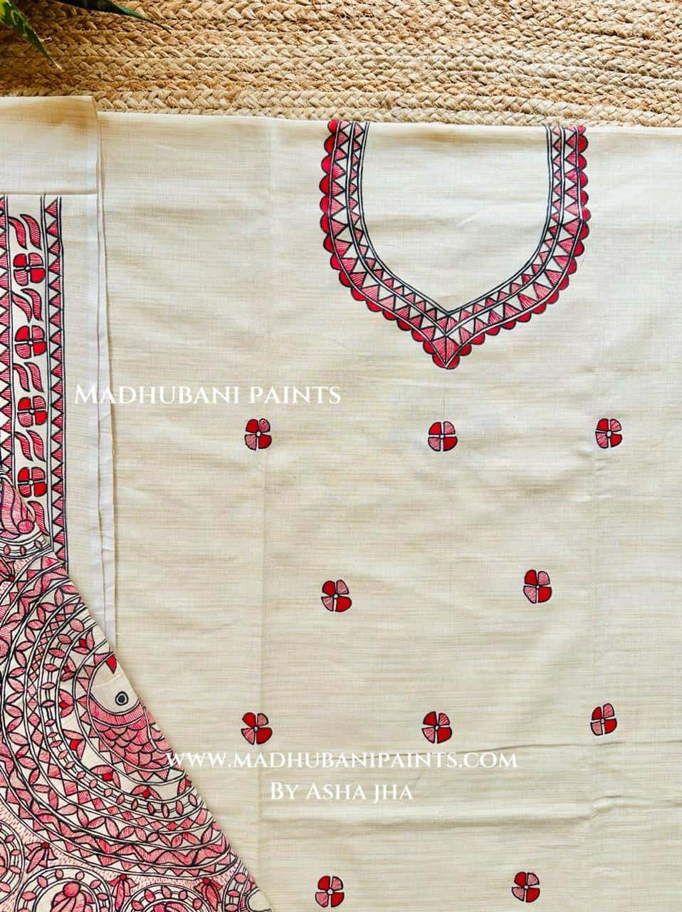 Saankh Kamal Hand-painted Madhubani Painting Cotton Unstitched Kurta Pant Dupatta Set — image 2 of 3