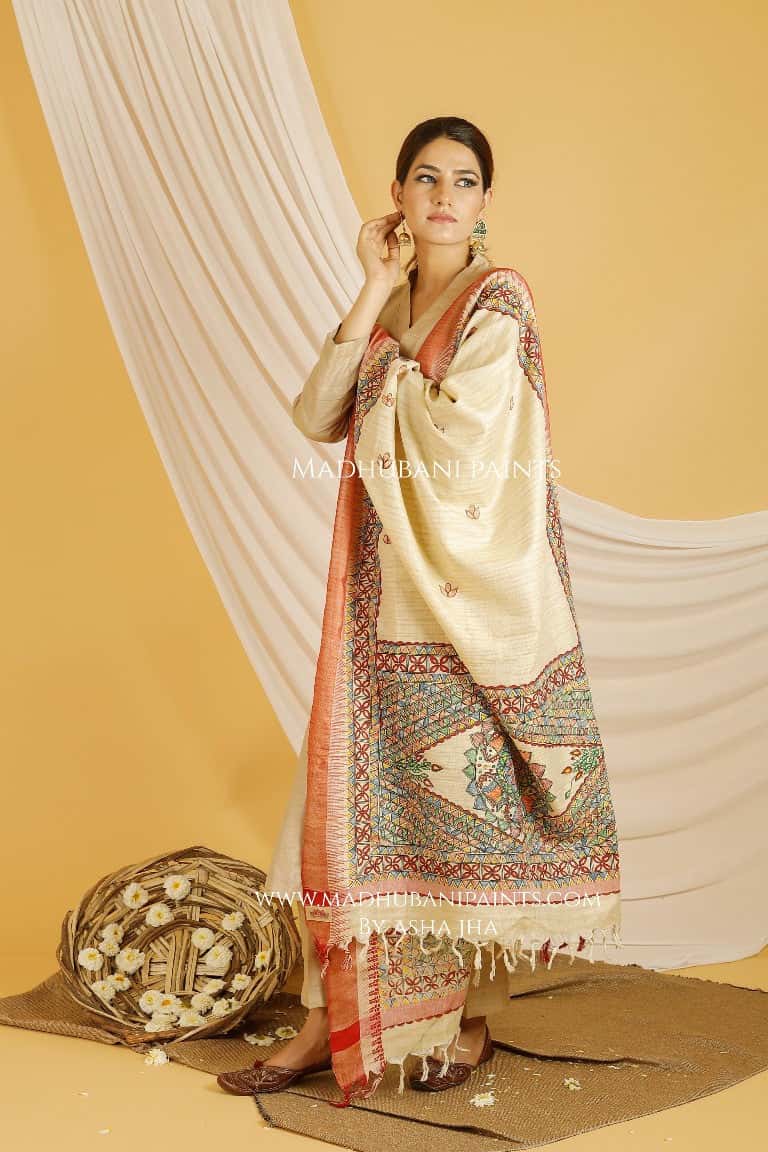 Mithila Border Madhubani Handpainted Pure Handloom Cotton Dupatta — image 3 of 5