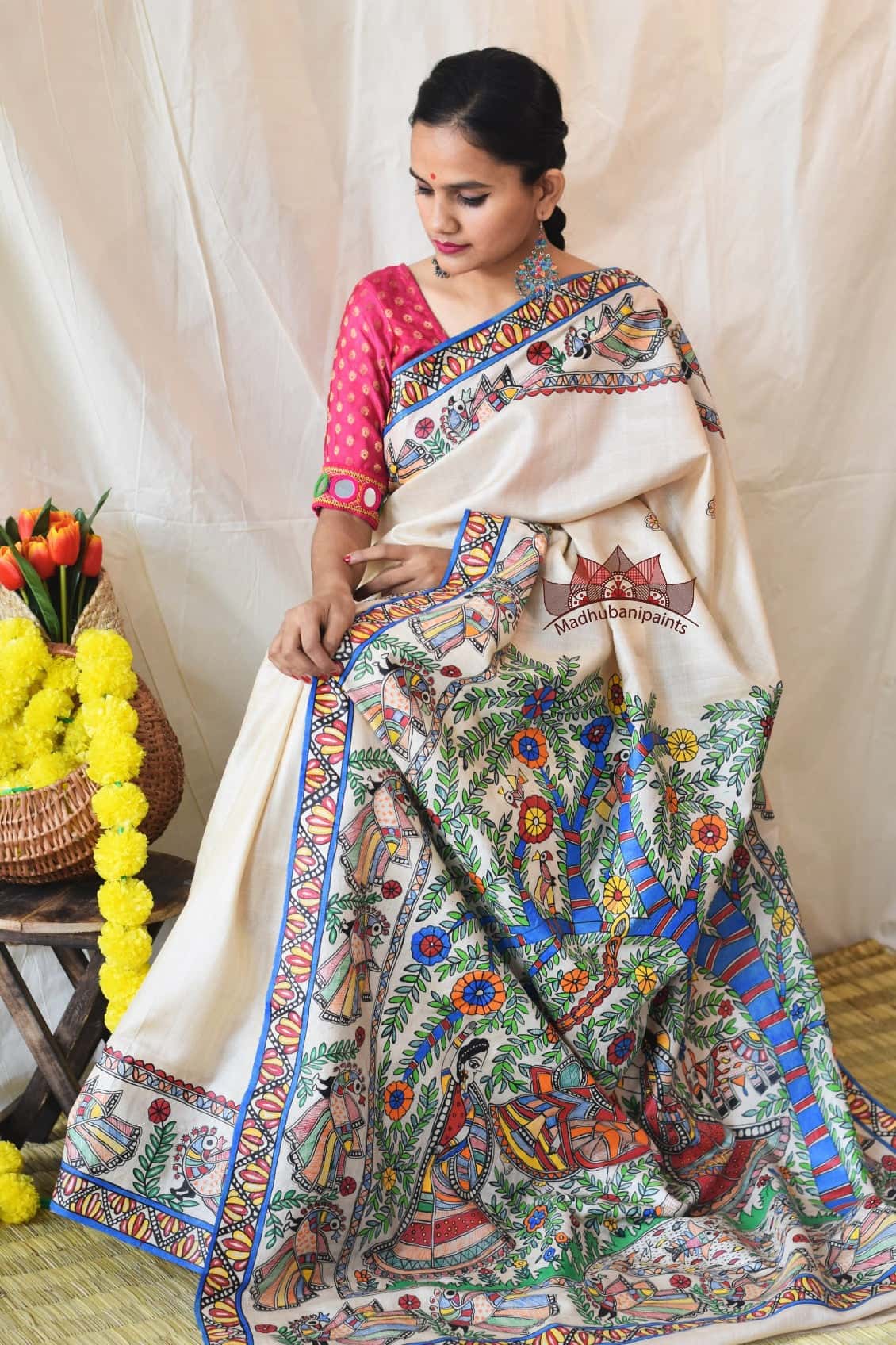 Jhule Nandlaal Vrindavan Hand Painted Saree — image 2 of 6