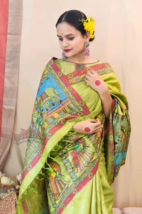 'VISHNU LEELA' Handpainted Madhubani Tussar Silk Saree — image 2 of 4