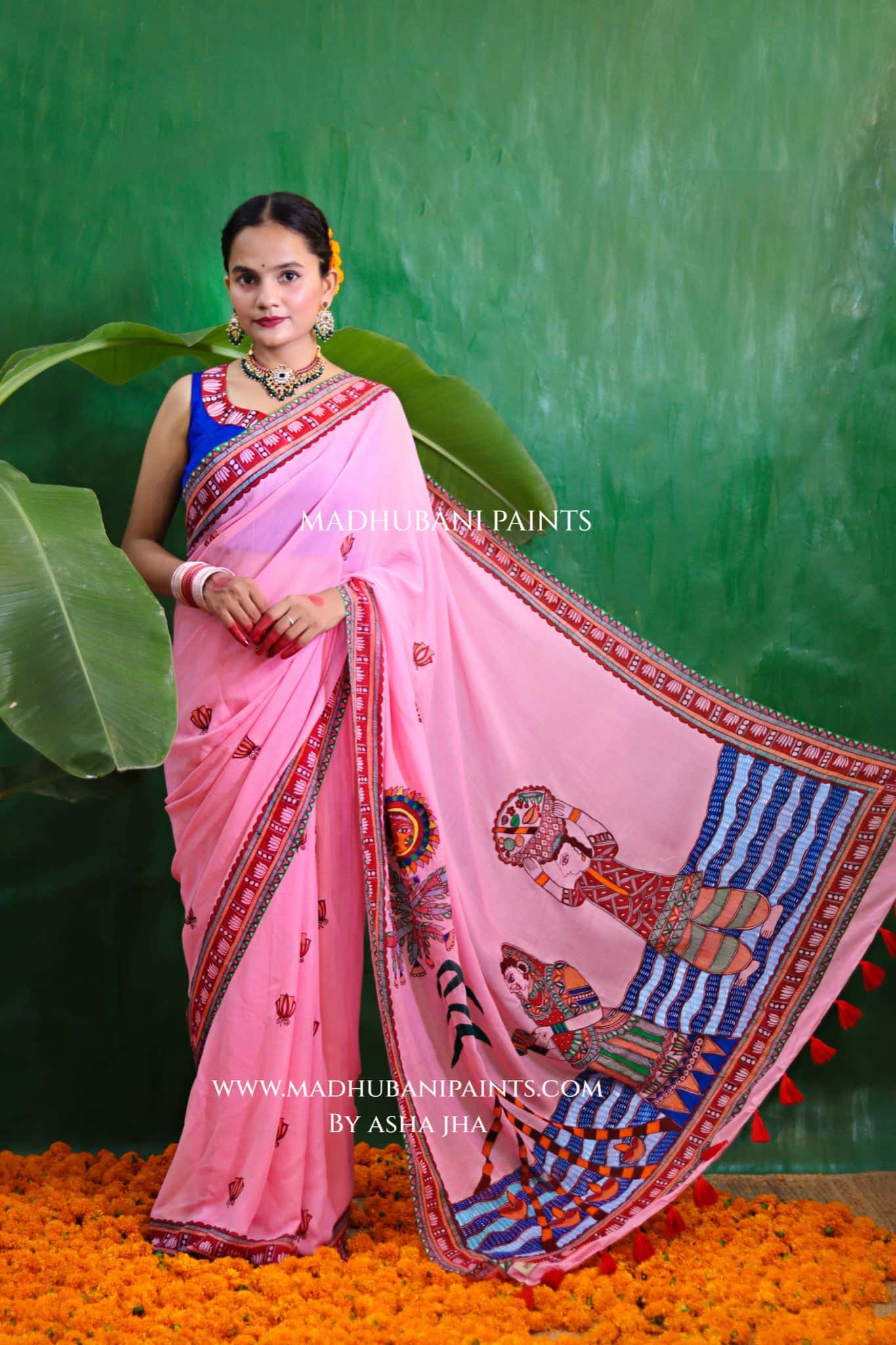 GULABI BHAKTI BHAVA Chhath Puja Hand painted Madhubani Georgette Saree Blouse Set — image 5 of 10