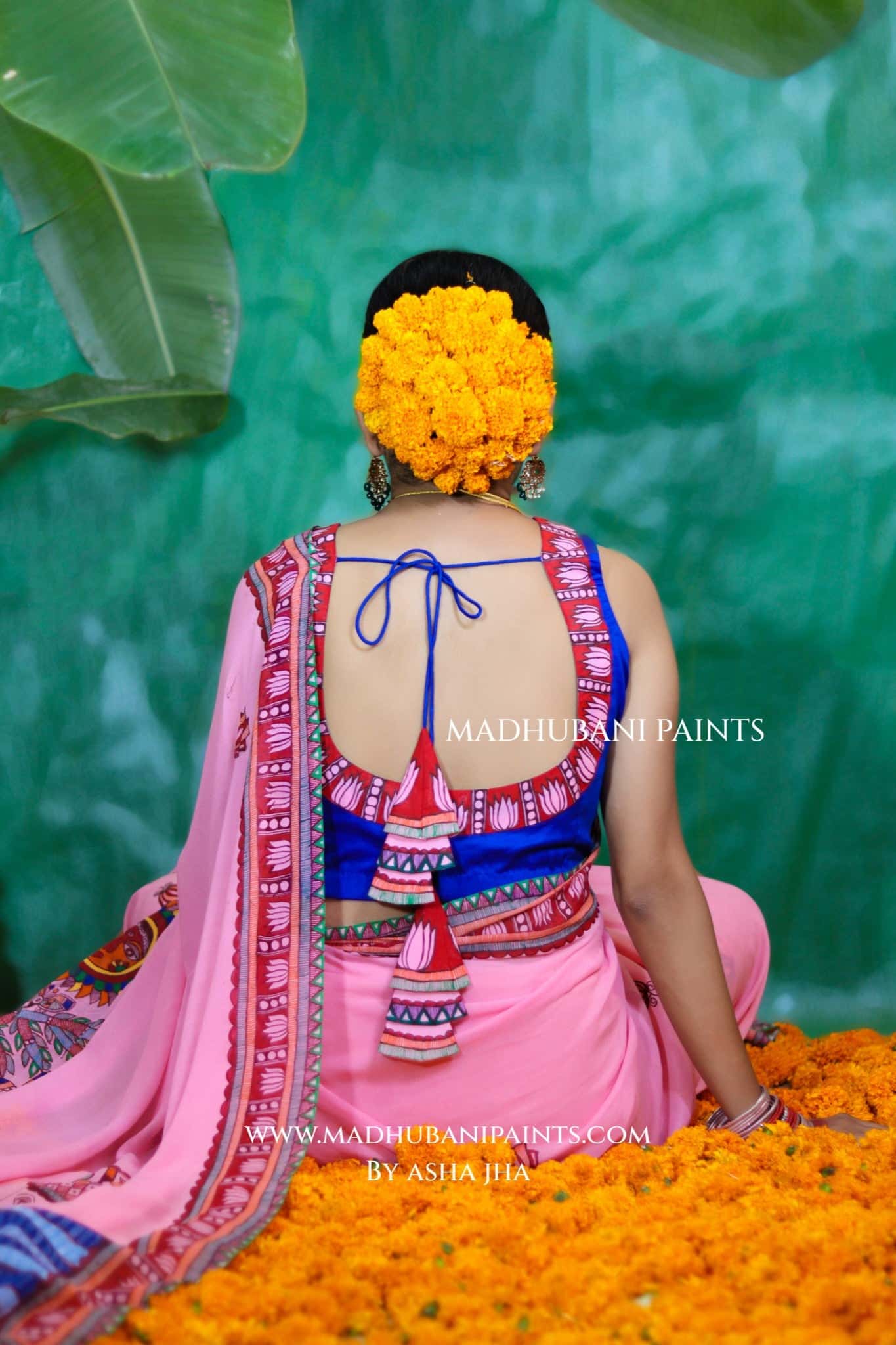 GULABI BHAKTI BHAVA Chhath Puja Hand painted Madhubani Georgette Saree Blouse Set — image 7 of 10