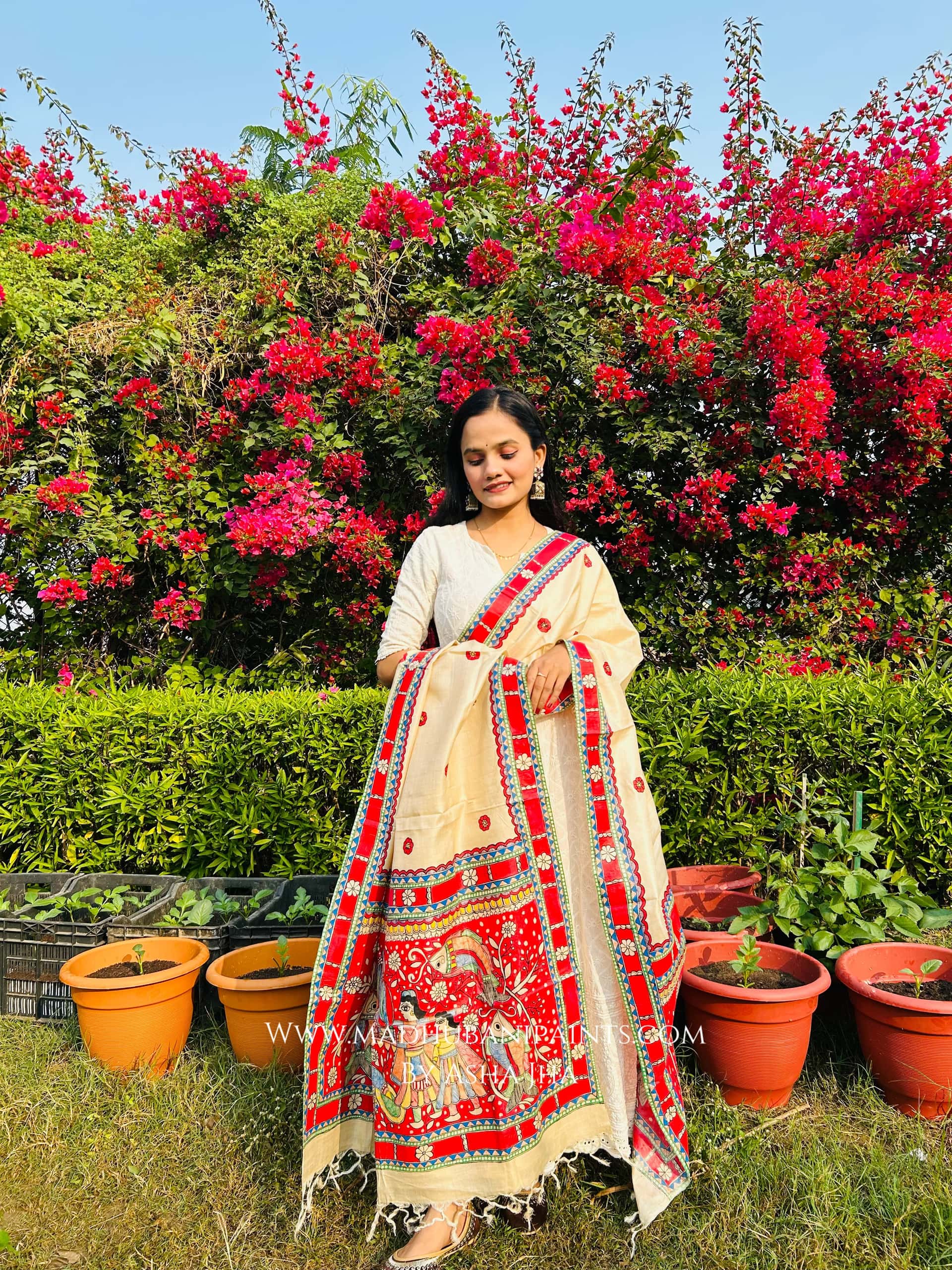 'DOli KA HAAR' Handpainted Madhubani Tussar Silk Dupatta — image 3 of 3