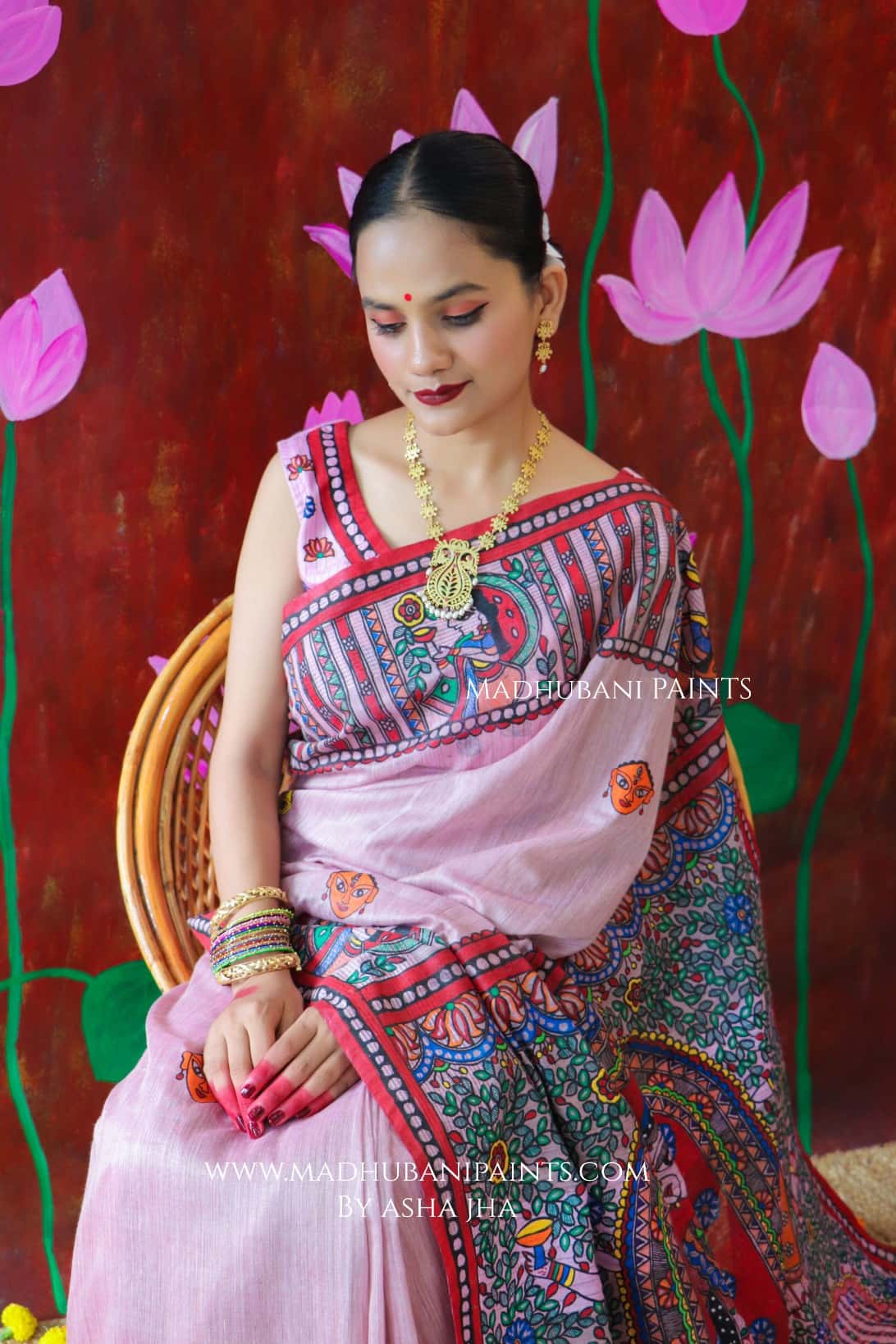 'BHARGAVI' Handpainted Madhubani CHANDERI Saree Blouse Set — image 6 of 11