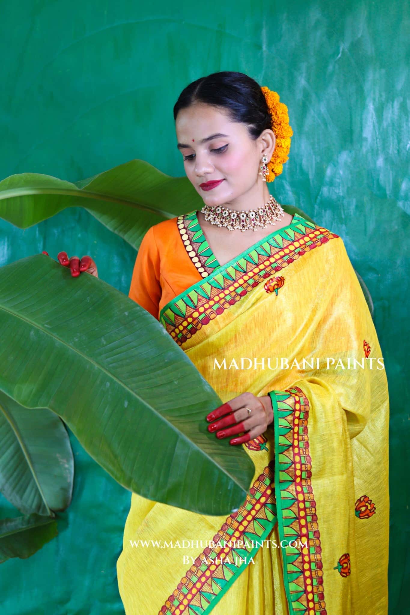 VRATI Chhath Puja Handpainted Madhubani Tissue Linen Saree Blouse Set — image 5 of 15
