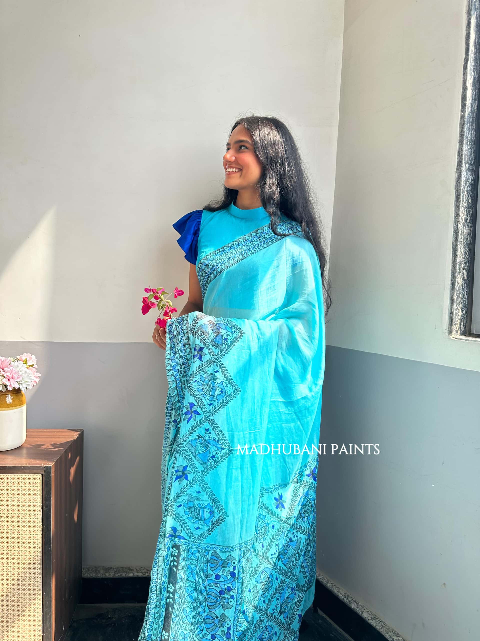 NEELAMBARI Hand-painted Madhubani Chiffon Saree — image 7 of 7