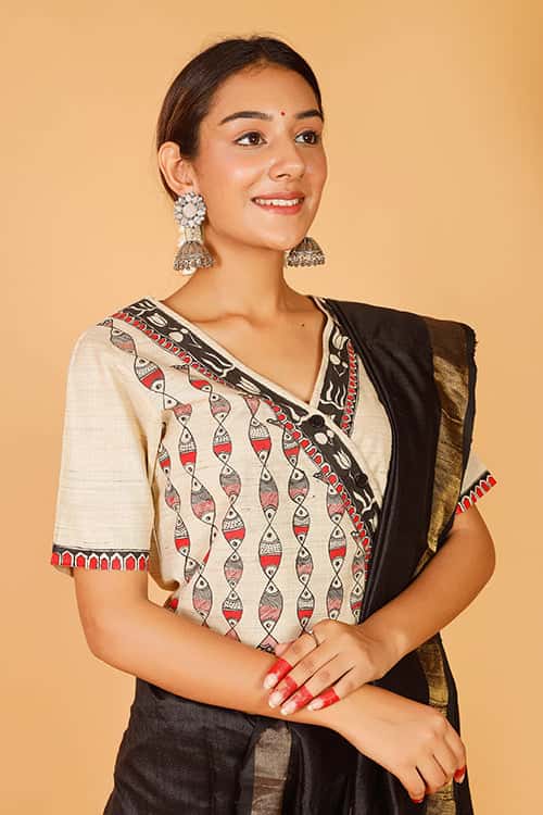 'Surmai Lotus' Handpainted Madhubani Cotton Blouse — image 2 of 6