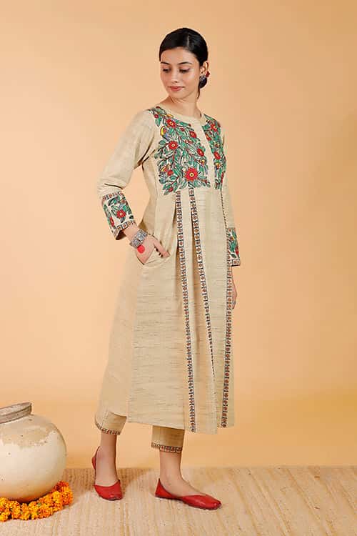 'Mayur' Handpainted Madhubani Pleated Dress Cotton Kurta — image 3 of 8