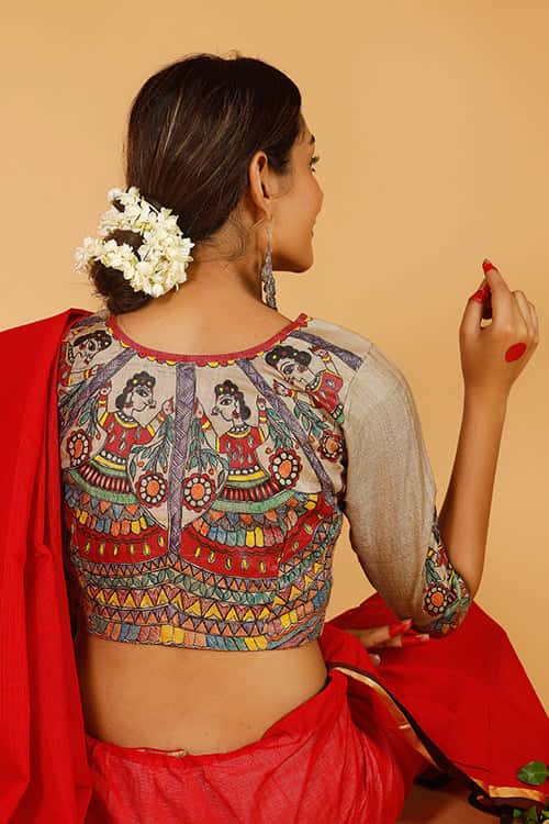 'Mithila Gudiyaa' Handpainted Madhubani Tussar Silk Blouse — image 4 of 5